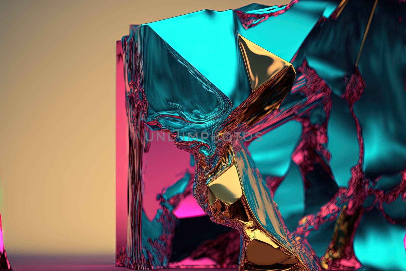 Abstract background with free 3D golden shapes, flowing and melting in surreal motion. Soft splashing abstract forms background with blue and purple crystal inclusion. Generated AI