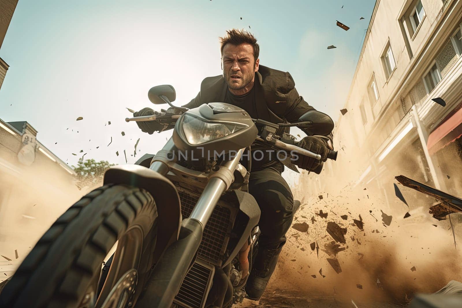 Action shot with man riding away on bike. Dynamic scene in action movie blockbuster style. Generated AI