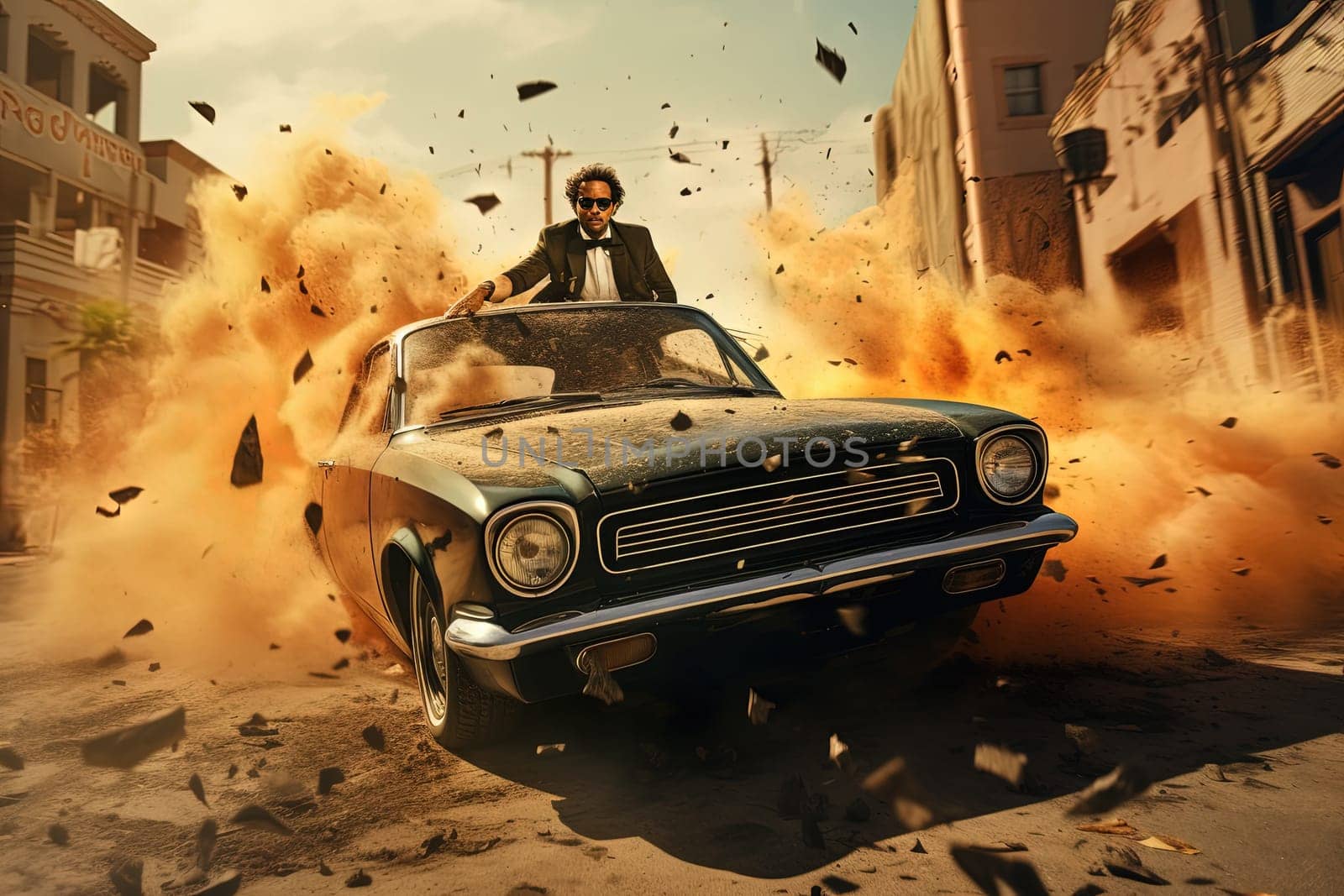 Action shot with man running away from explosion on car. Dynamic scene with fire in action movie blockbuster style. Generated AI