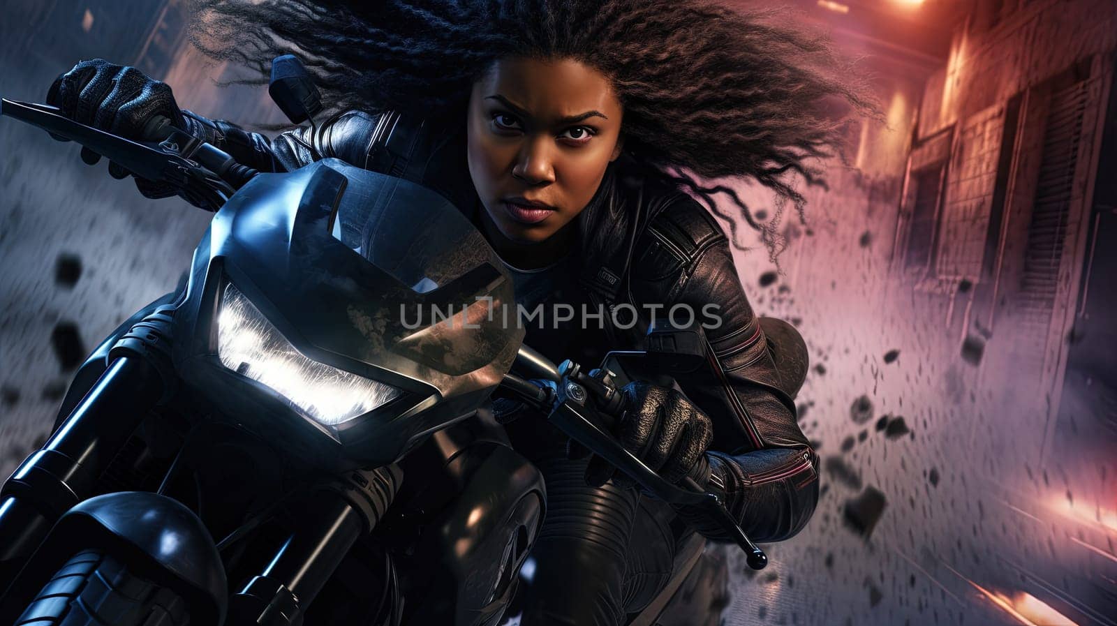Action shot with black woman on the bike riding away from fire and explosion. Dynamic scene in action movie blockbuster style. Generated AI