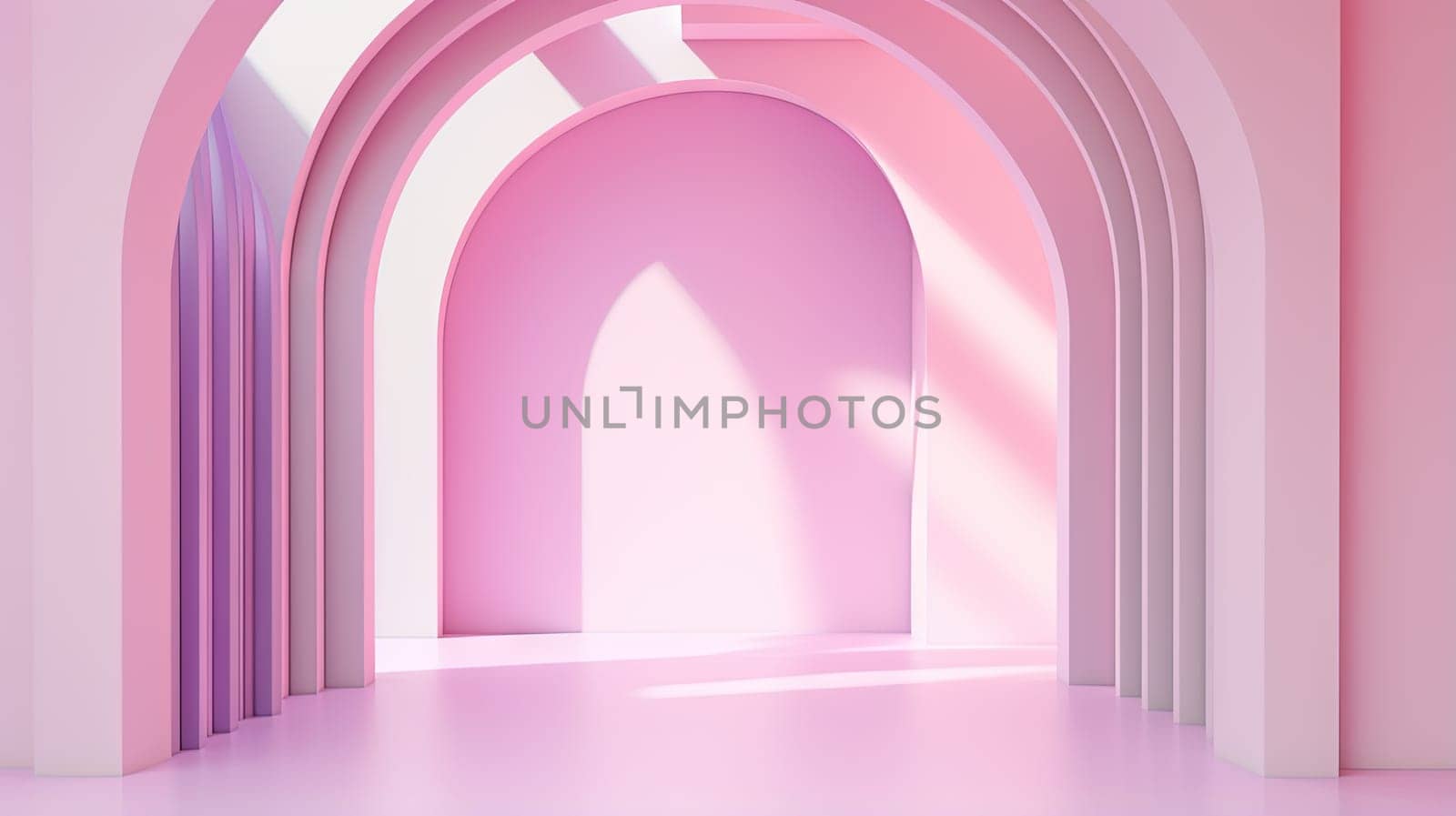 Abstract pink room with arch. Surreal architectural abstraction in pastel colors. Generated AI
