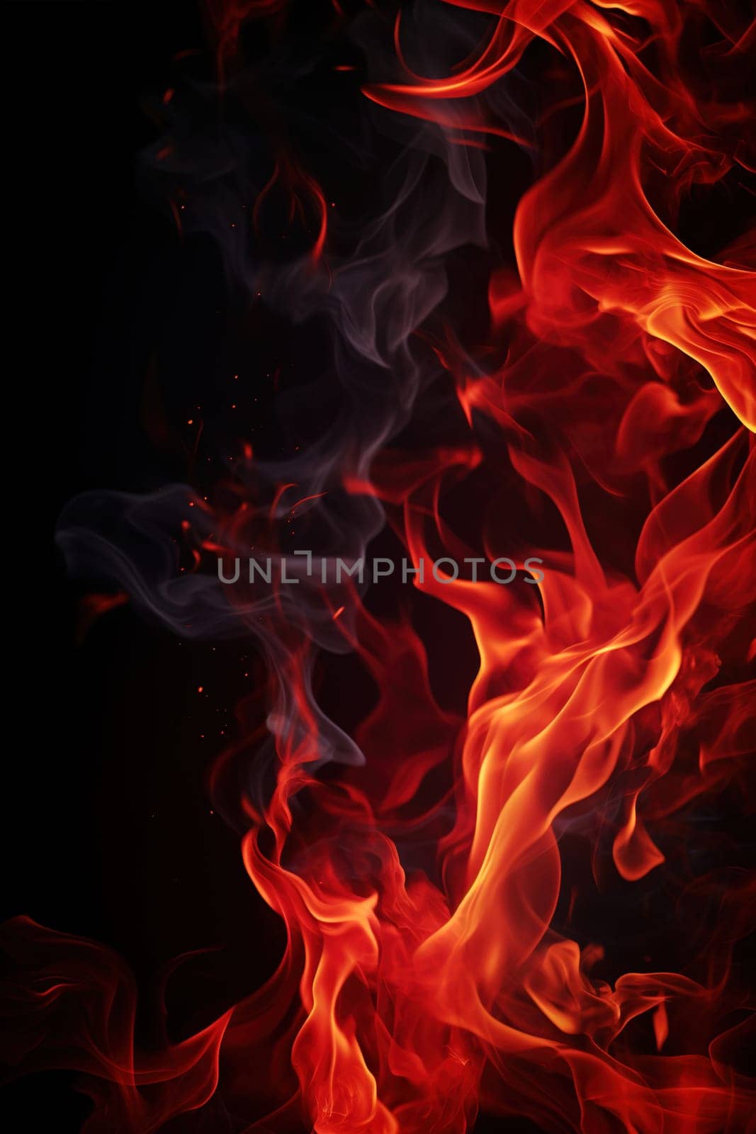 Abstract fiery waves on a black background, capturing the essence of fire, suitable for powerful graphic designs, backgrounds, or creative visuals. Vertical picture. Generative AI