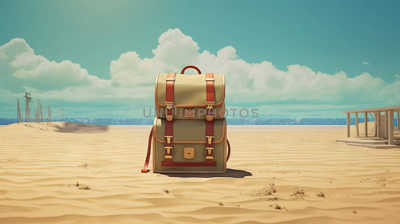 Backpack on the sand of the beach. Vacation scene with schoolbag on the shore line. Generative AI