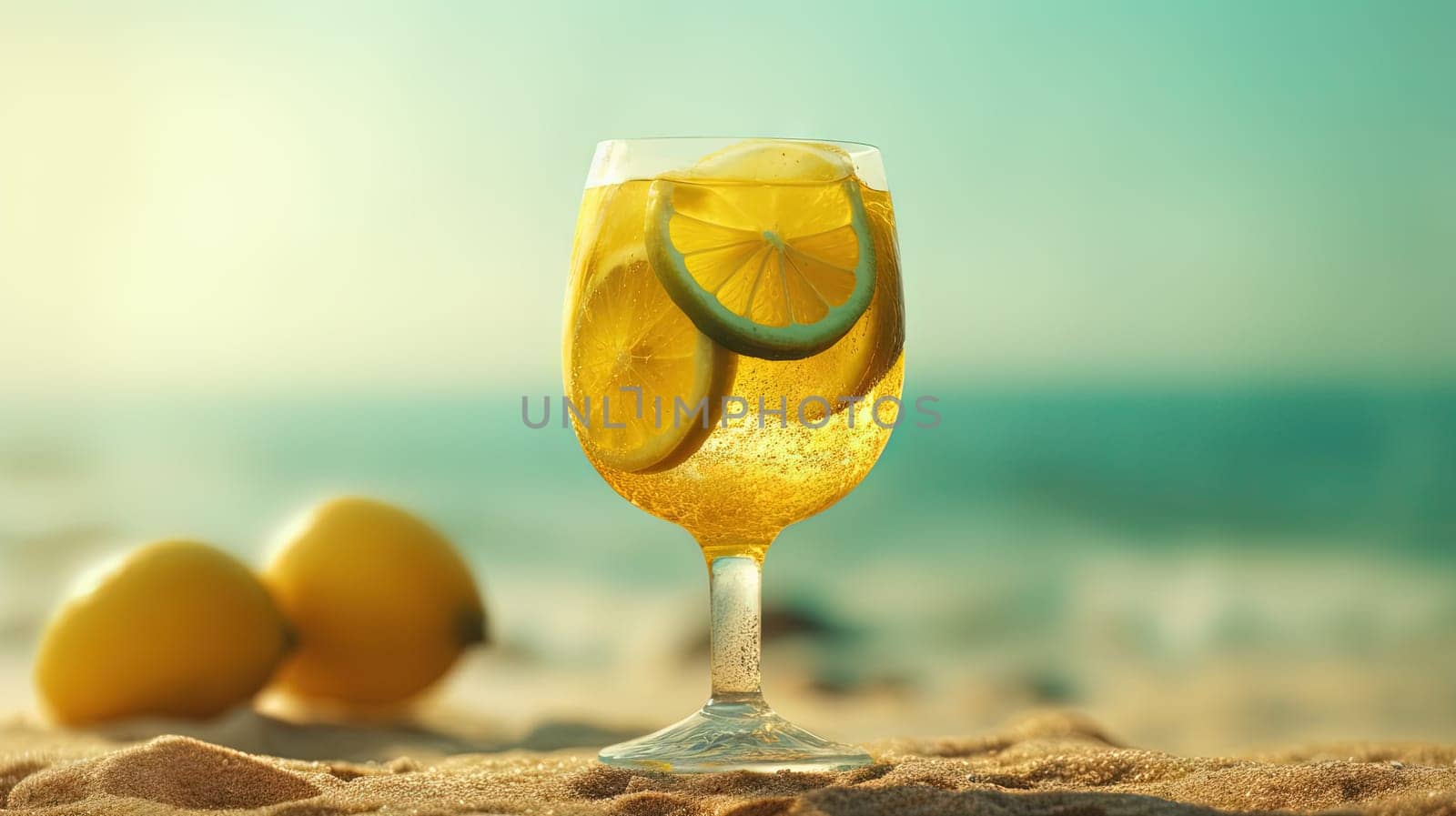 Glass with lemon water in the sand of the beach. Vacation scene with lemonade glass on the shore line. Generative AI.