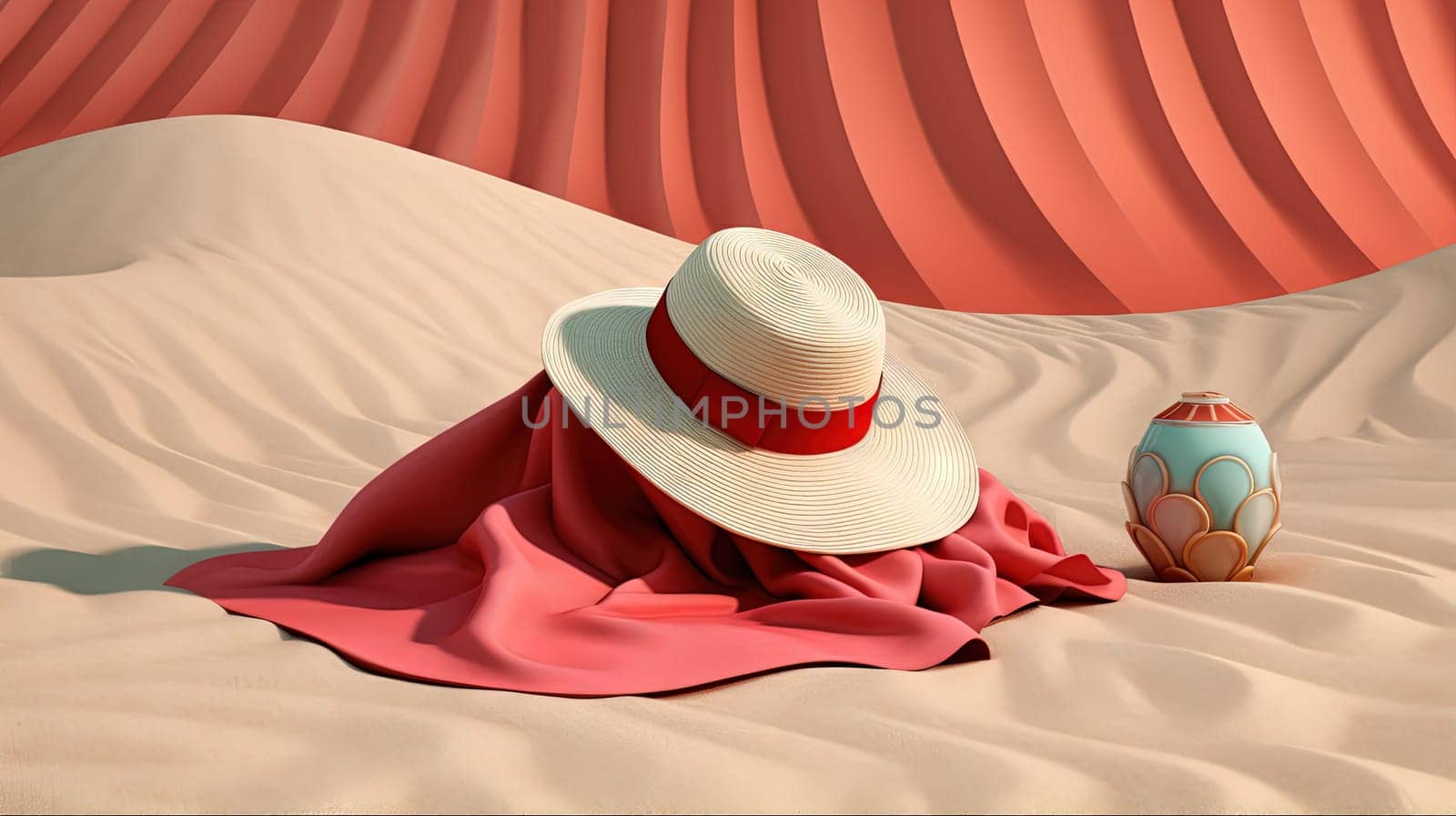 Hat and towel on the sand of the beach. Vacation scene with straw hat on the shore line. Generative AI. by SwillKch