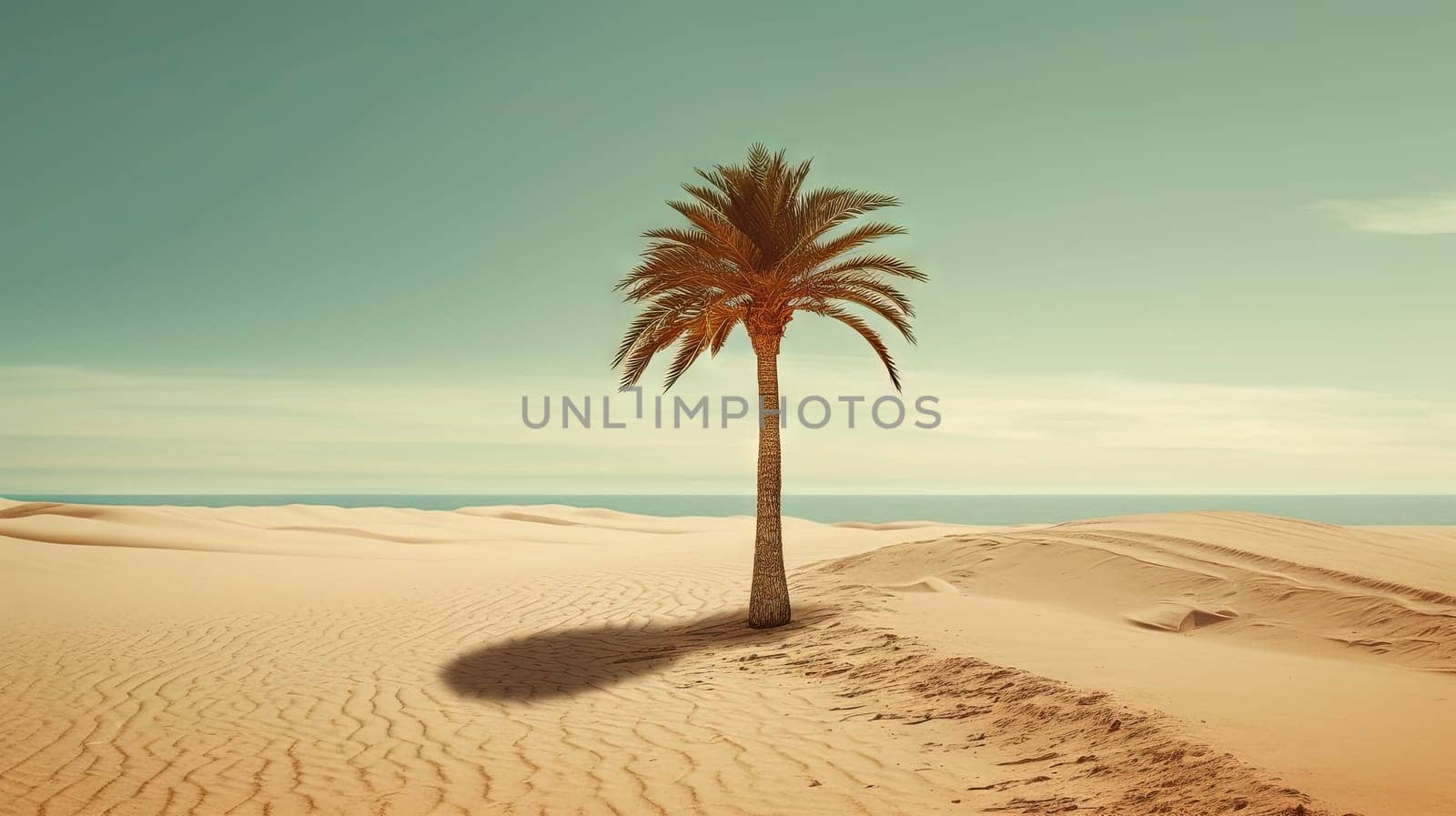 Palm tree on the sand of the beach. Vacation scene with palm on the shore line. Generative AI