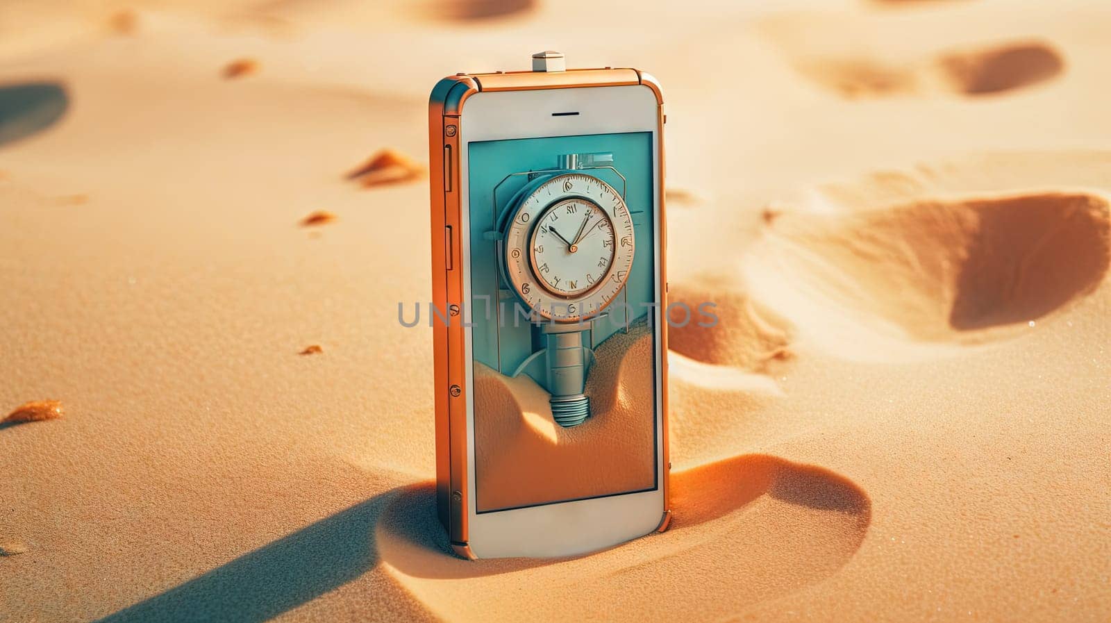 Smartphone in the sand of the beach. Vacation scene with phone on the shore line. Generative AI