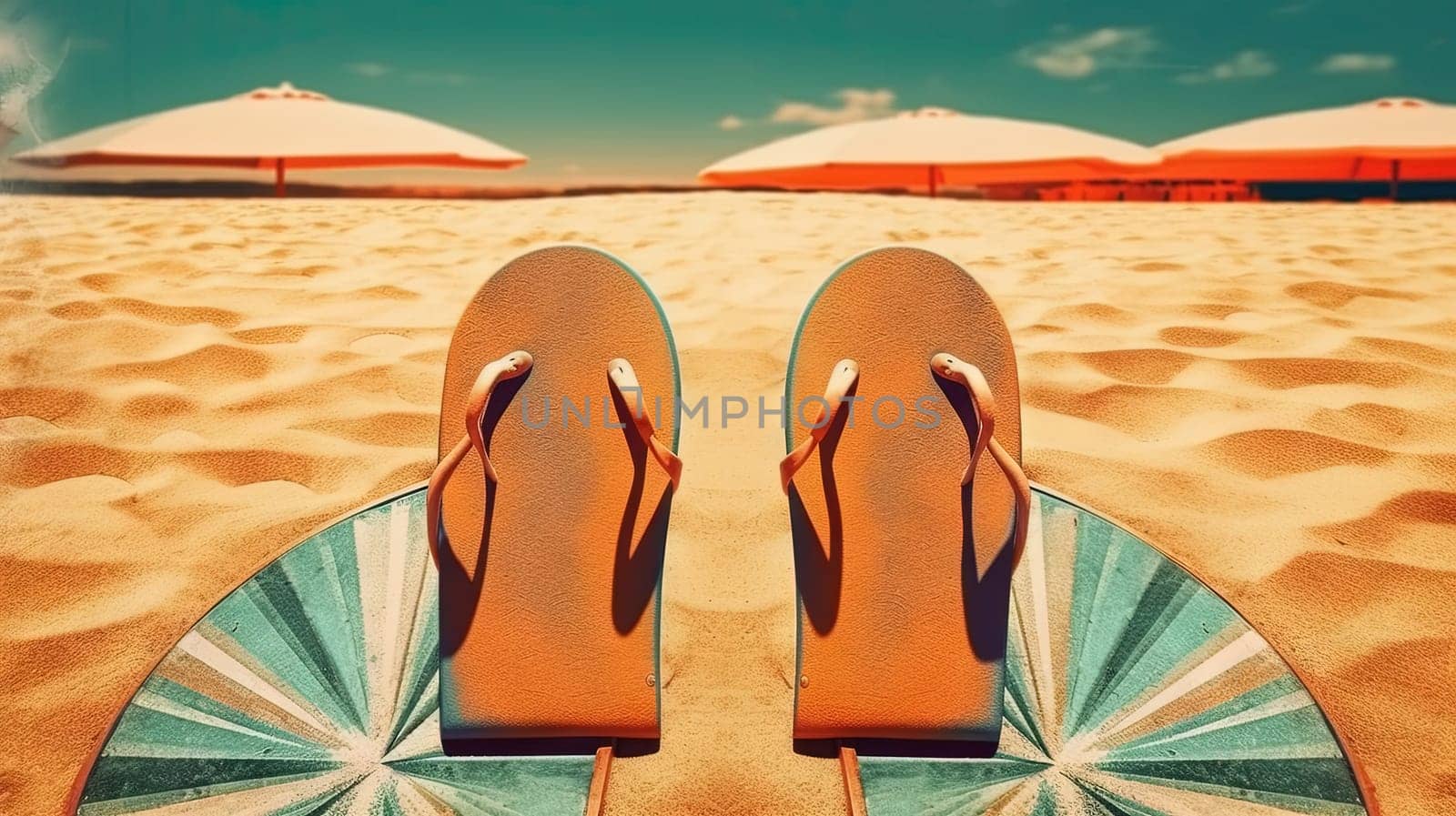 Flip flop sandals on the sandy beach in nostalgic card style. Retro vacation postcard with slippers on the coast. Generated AI