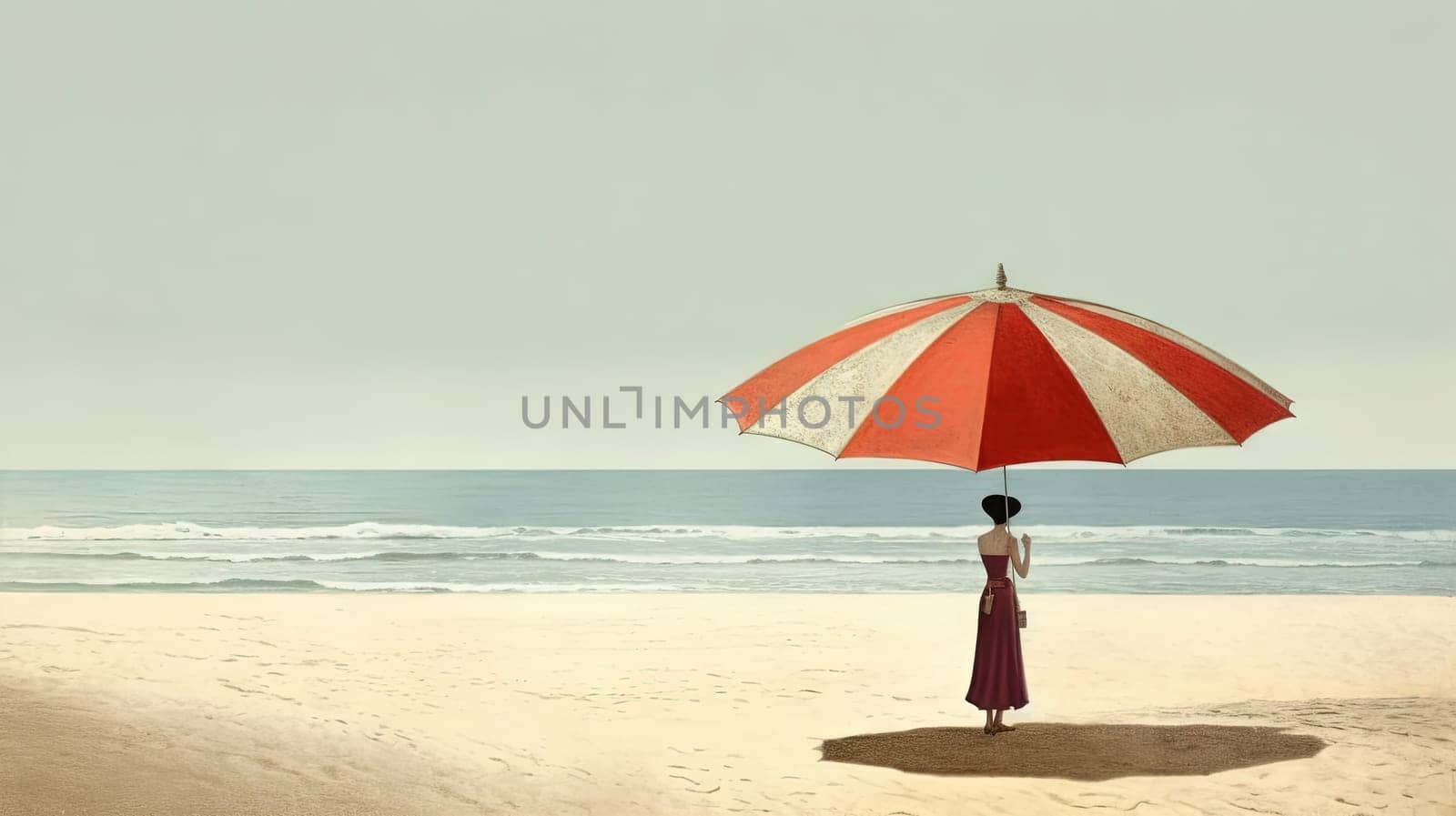 Umbrella on the hot sand of the beach. Grungy card with vacation scene of parasol on the shore line. Generative AI