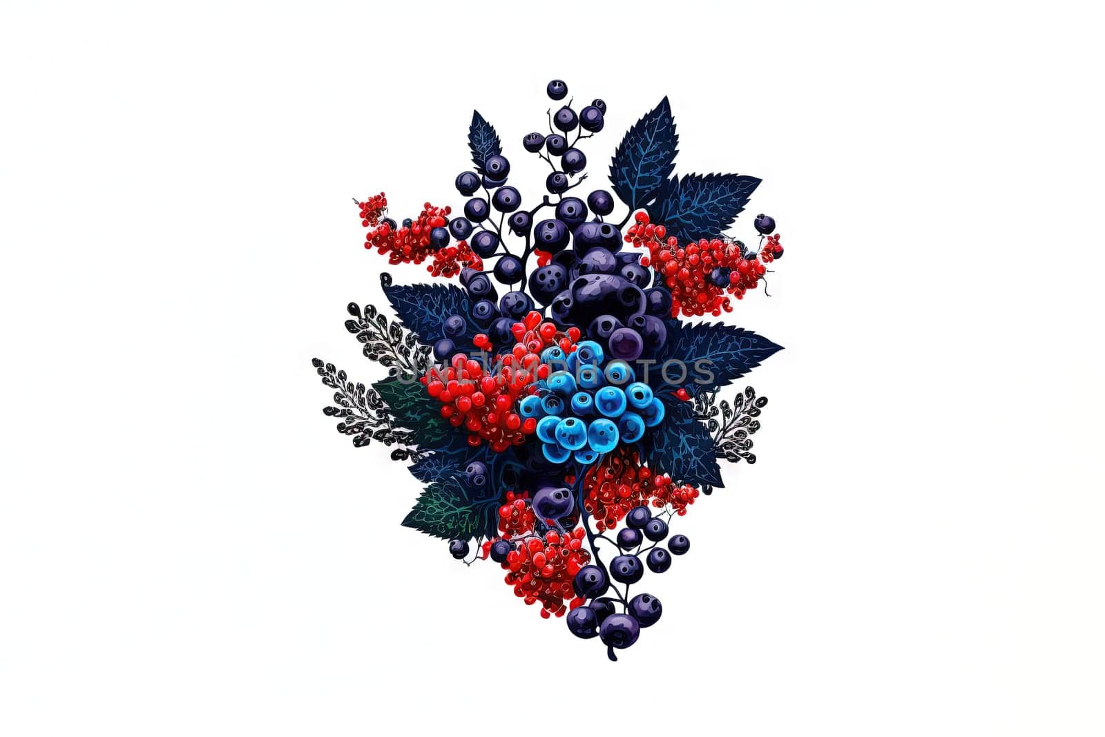 Various berries composition with leaves on white background. Juicy berries laying. Generated AI
