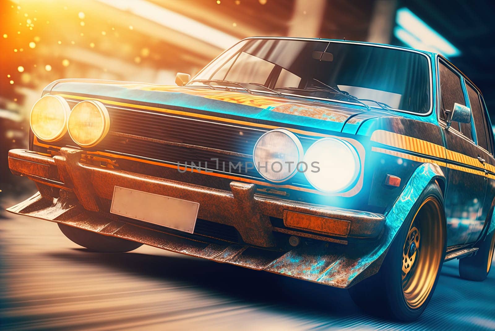 80s styled abstract retro car. Vintage automotive design in neon lights. Generated AI