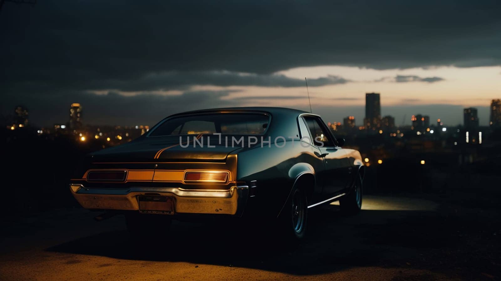 Vintage muscle car parked on the street at night. 80s styled synthwave retro scene with powerful drive in evening. Generated AI