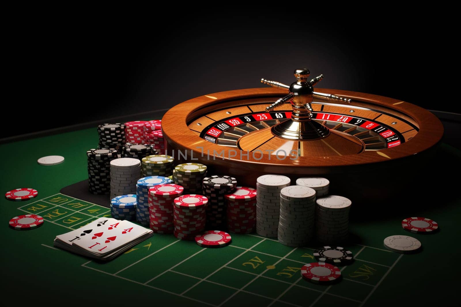 Casino concept with abstract gambling objects. Dark casino room with roulette, cards and dices. Generative AI