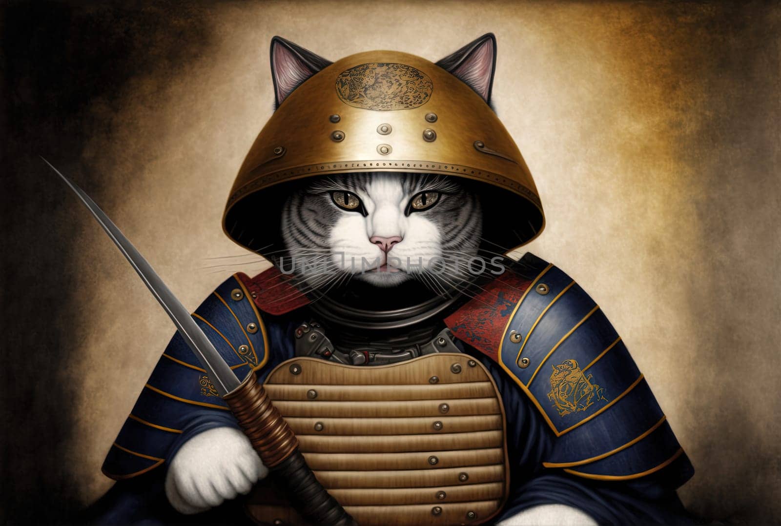 Cat samurai portrait in traditional vintage photography style. Japanese retro illustration with kitten warrior in kimono. Generated AI
