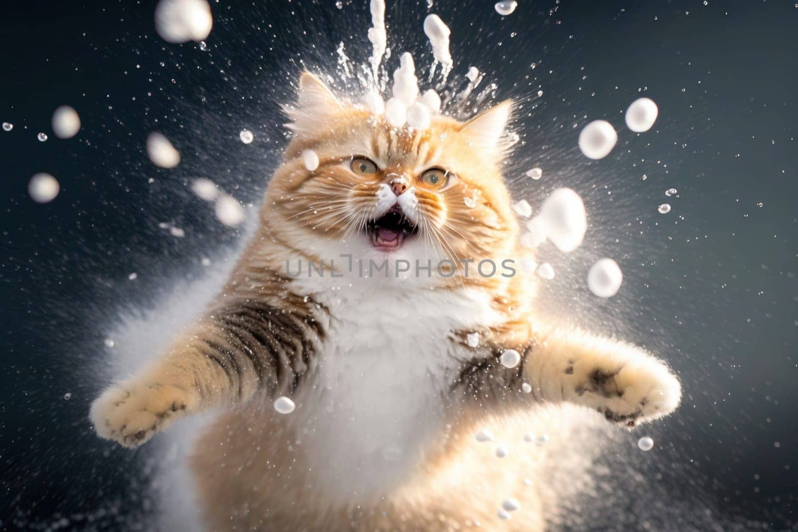 Cat smacked by snowball. Cute kitten with surprised and angry face, hit by snow during winter game. Generated AI