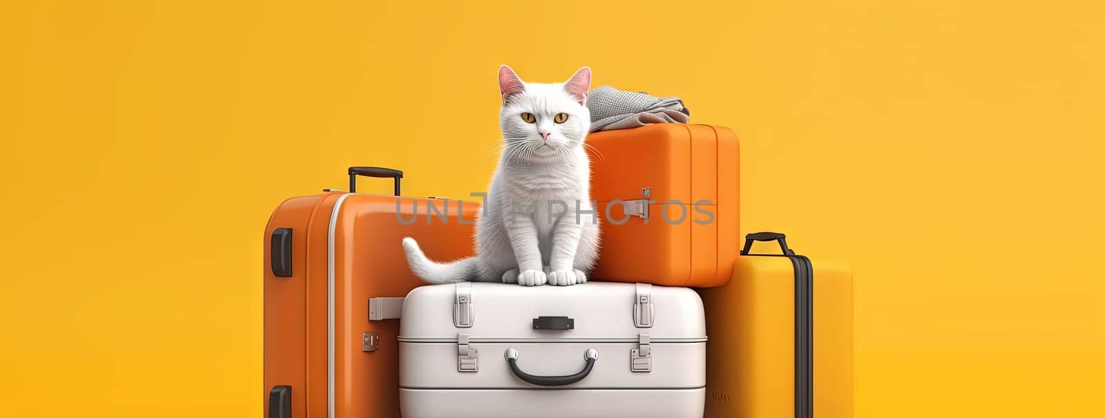 Cute white cat sitting in the suitcase. Sweet fluffy kitten is ready to travel. Generated AI