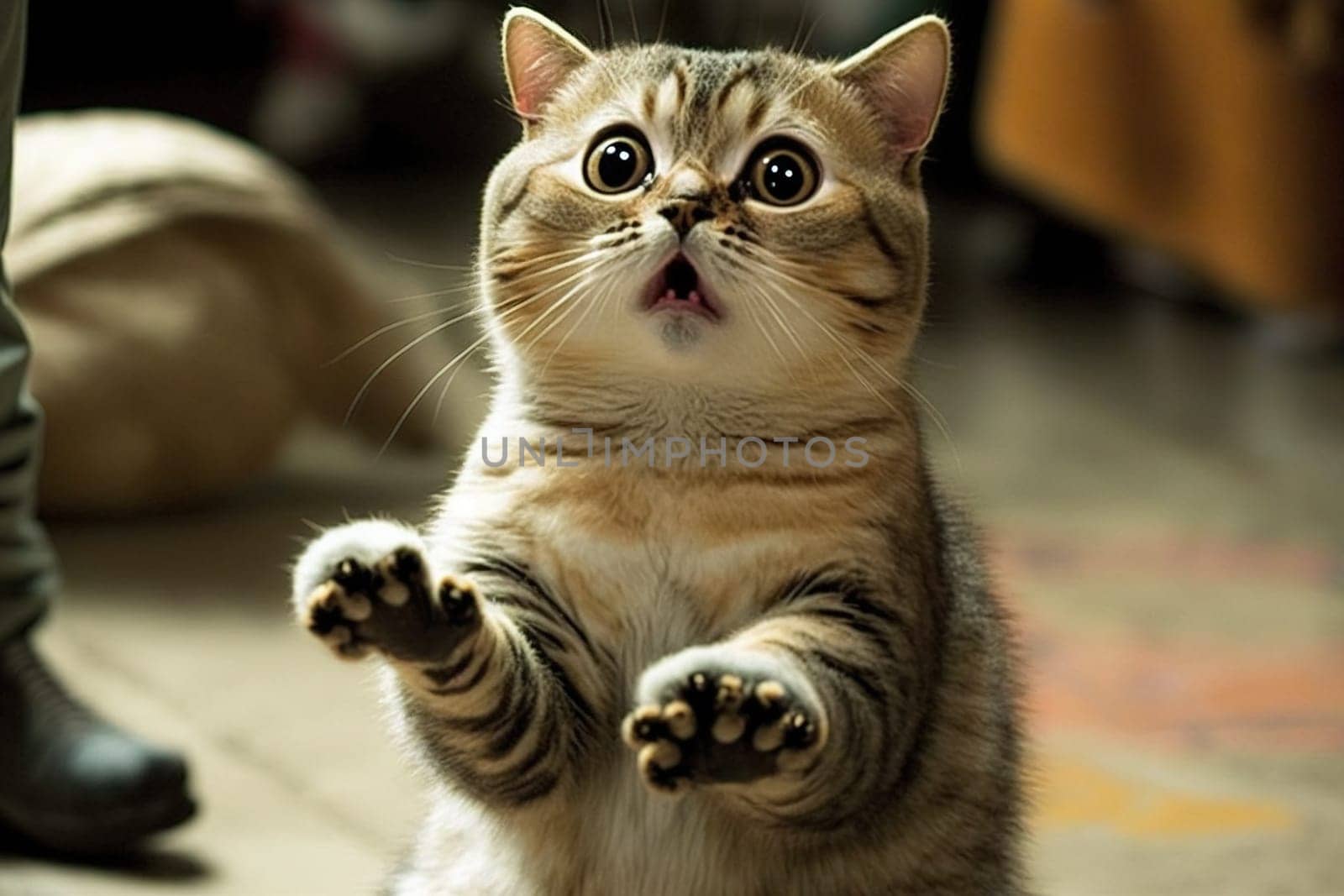 Funny surprised cat with a questioning pose. A cute kitten asks in surprise where the treats are. Generated AI