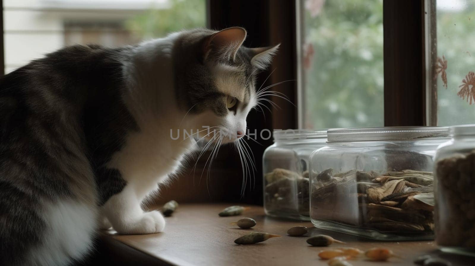 Cute cat watching the fish. Funny kitten sniffing the fish. Generated AI