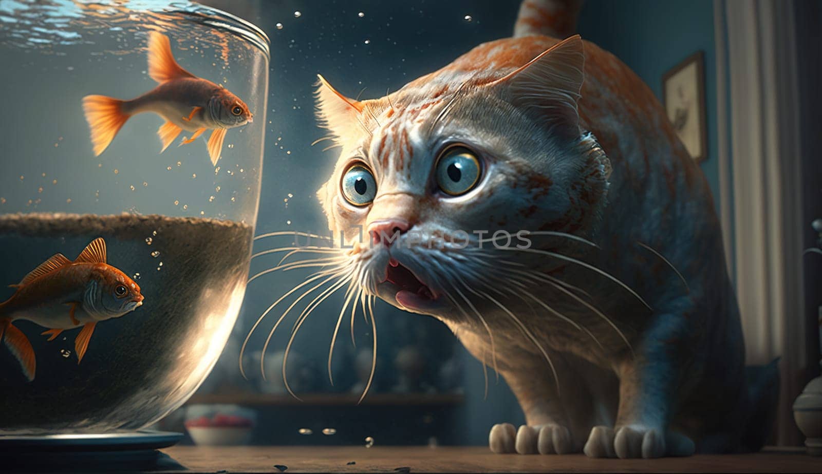 Cute cat watching the fish. Funny kitten sniffing the fish. Generated AI
