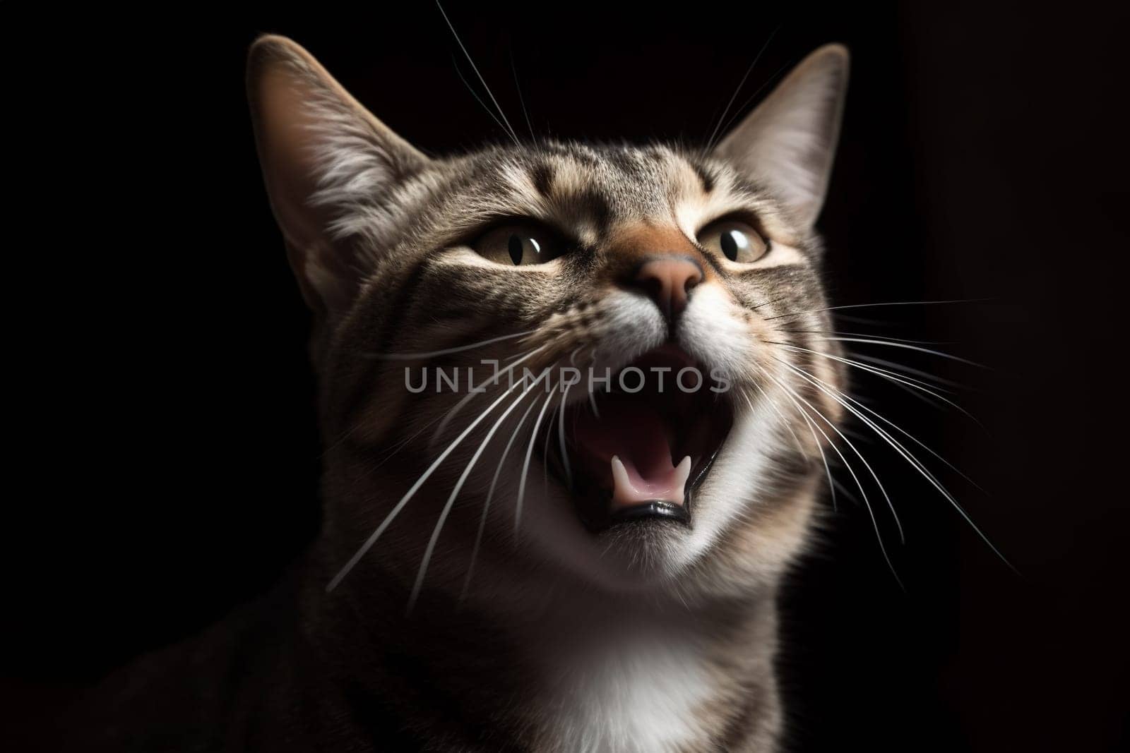 Portrait of a screaming cat. Surprised cat with open mouth meowing and asking for something. Generated AI