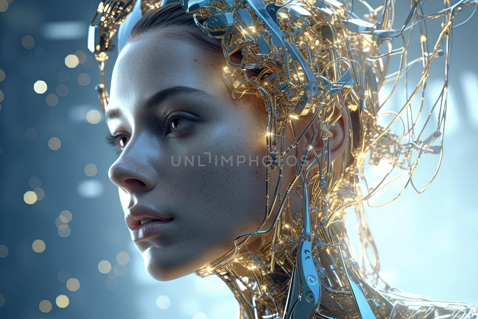 Cyborg or digitally improved human. Artificial intelligence and technology concept with advanced woman. Generated AI