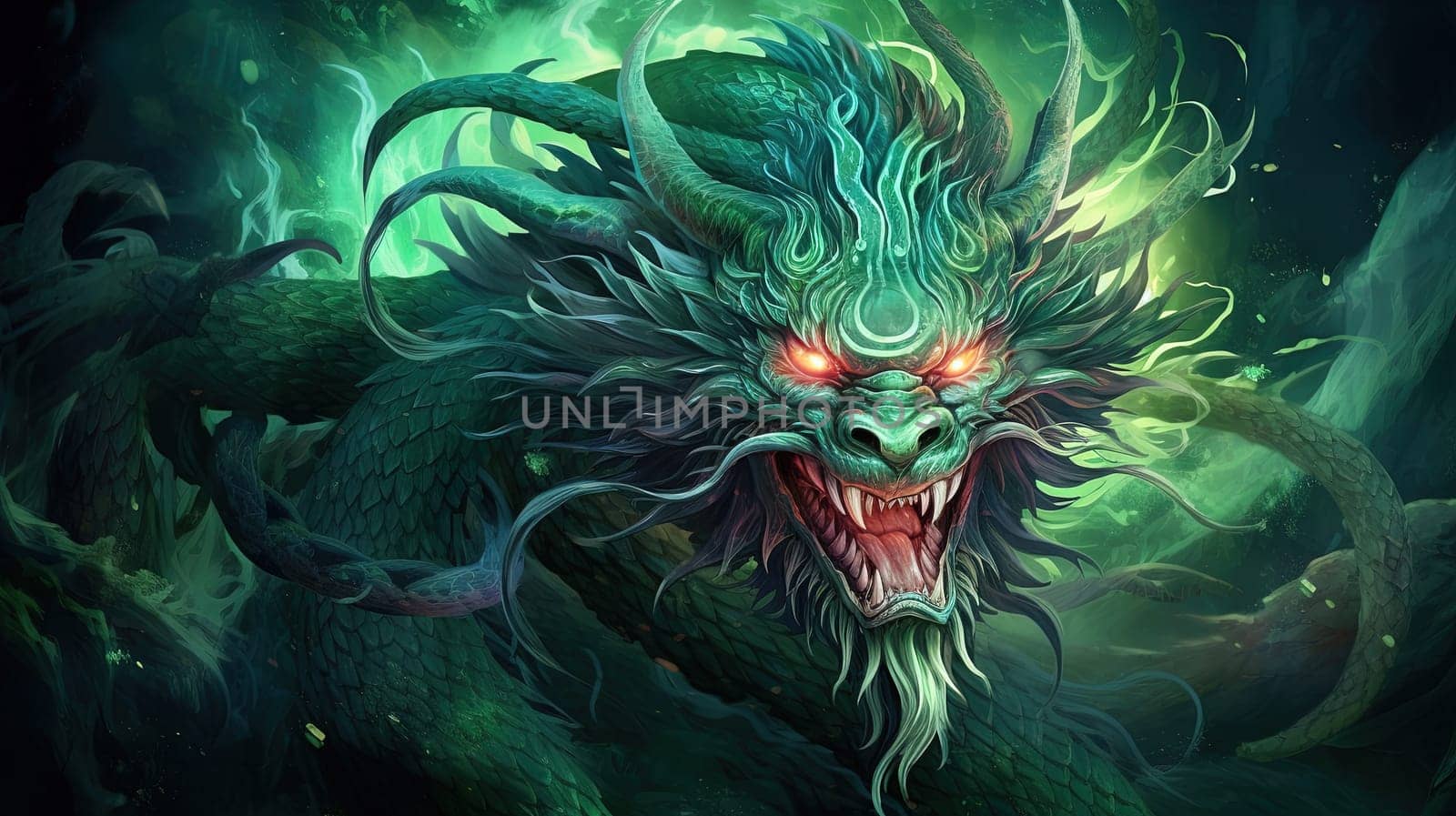 Green dragon, mysterious monster from farytales and symbol of 2024 lunar year in Chinese calendar. Generated AI
