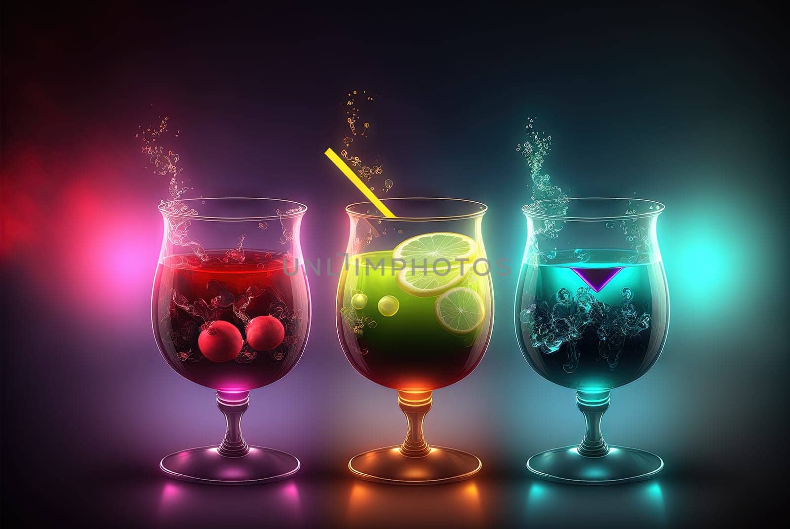 Club cocktails on the table with light. Colorful juicy drinks in glasses. Generated AI