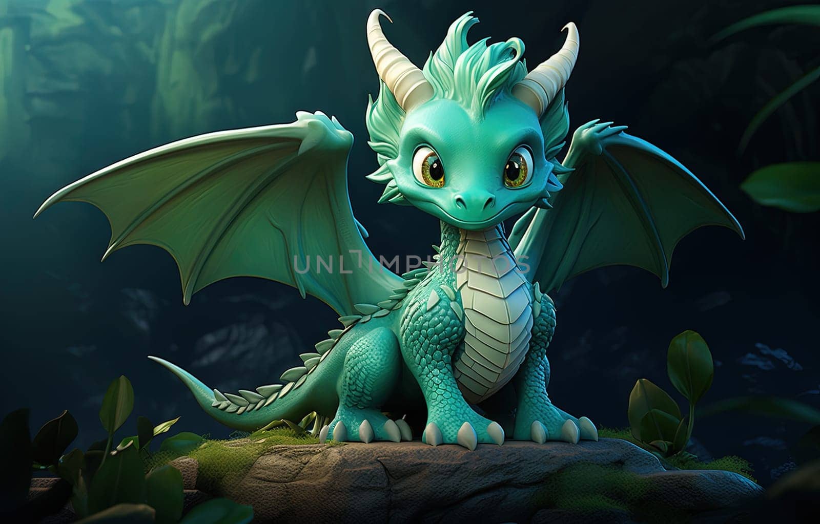 Young green dragon, mysterious creature from farytales and symbol of 2024 lunar year in Chinese calendar. Generated AI