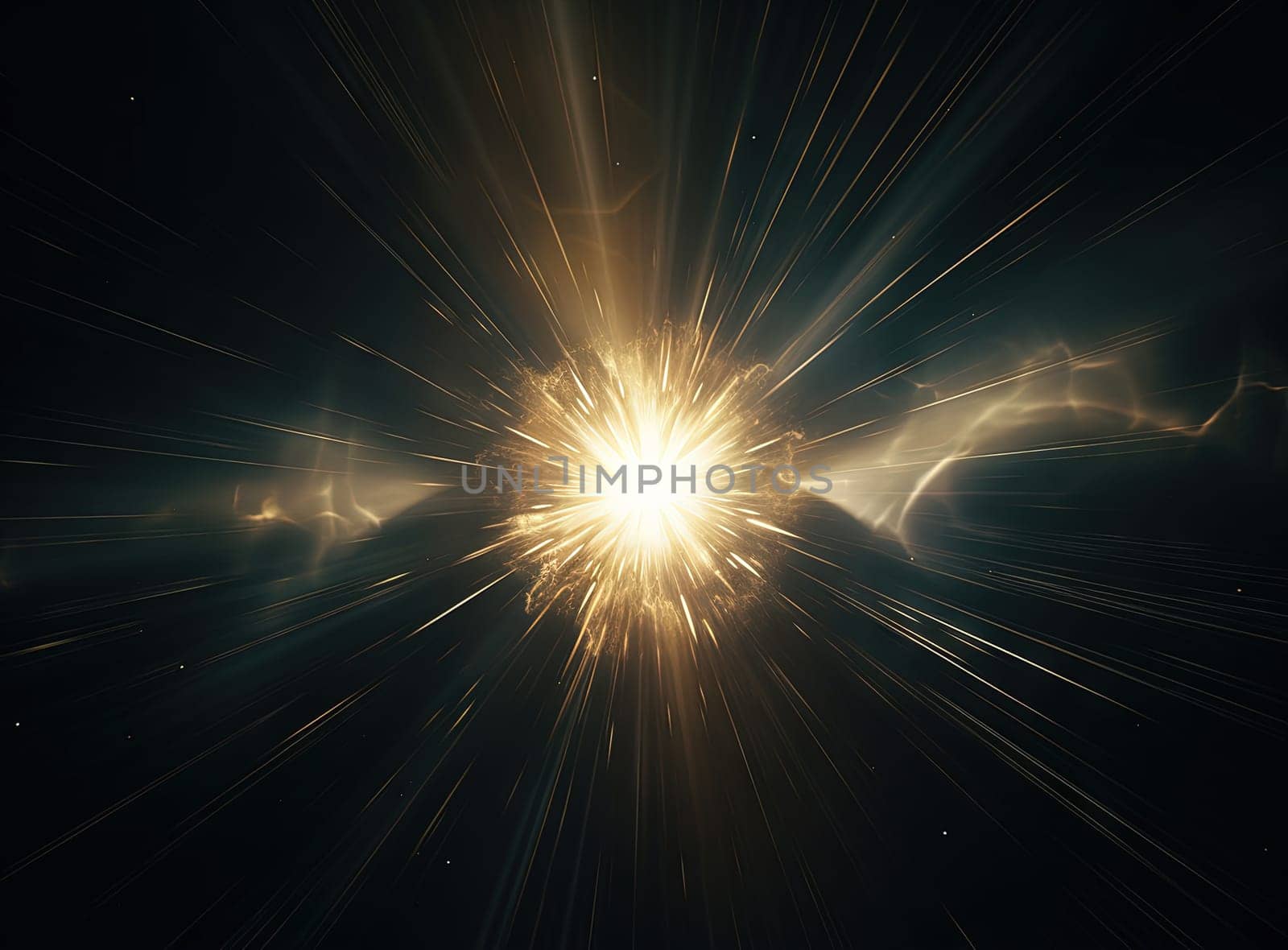 Sun flare with yellow rays and beams on dark background. Generated AI