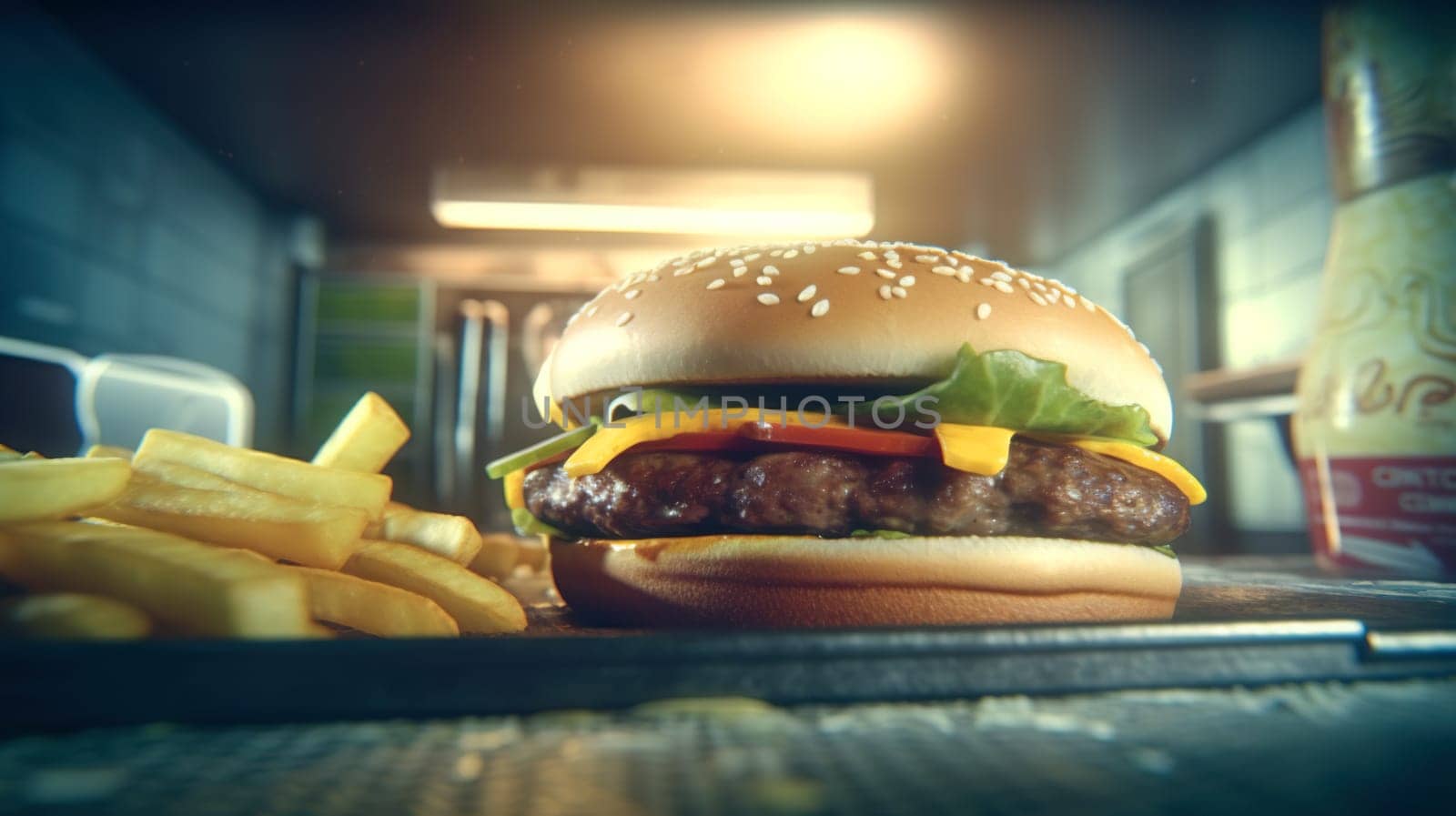 Juicy tasty hamburger on the table. Fast food image of a burger with grilled meat. Generated AI