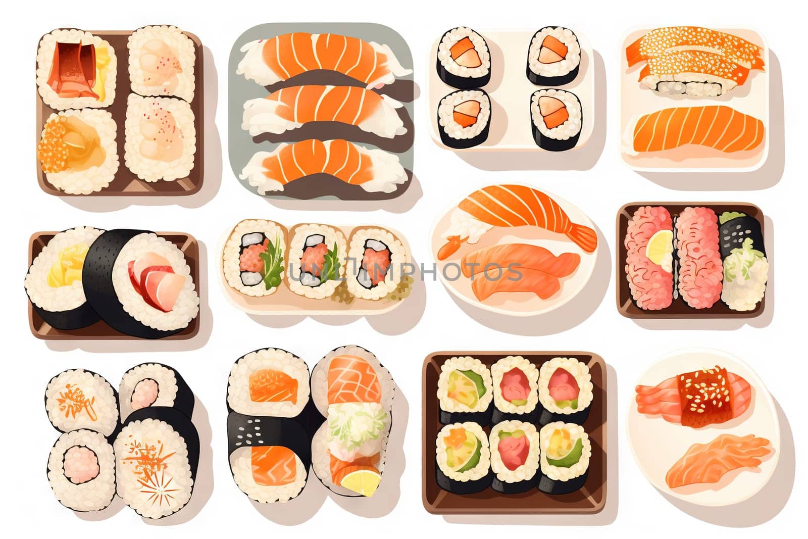 Sushi set. Collection of fast fool in asian style. Classic shushi and rice rolls. Generated AI