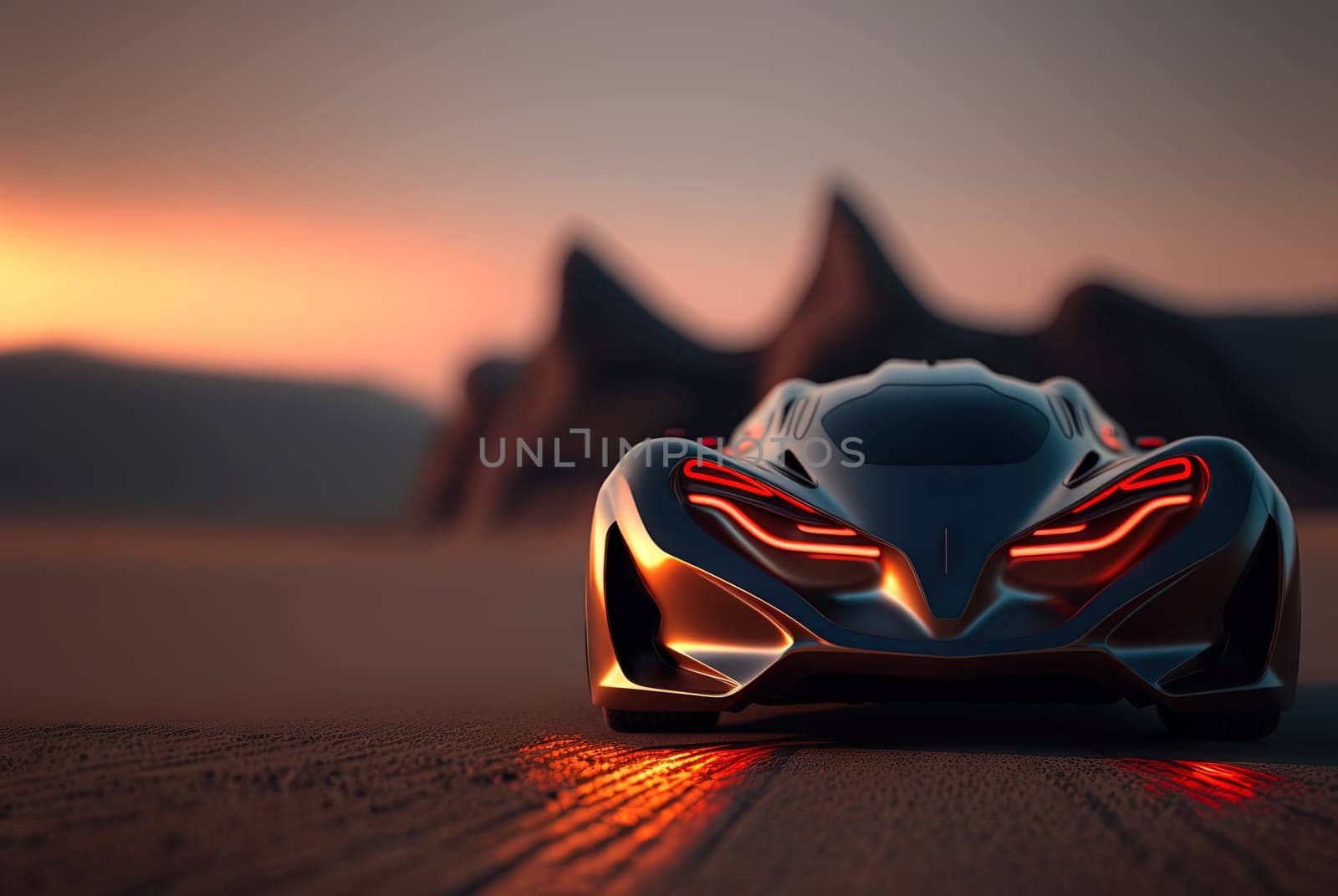 Abstract futuristic car with shiny reflections. Beautiful conceptual supercar. Generated AI