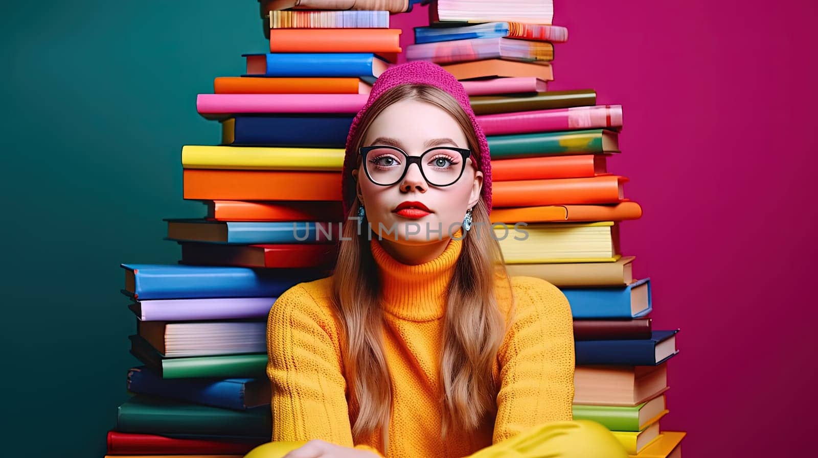 Cute girl with glasses sitting surrounded by the books. Books around the schoolgirl in colorful scene. Generated AI. by SwillKch