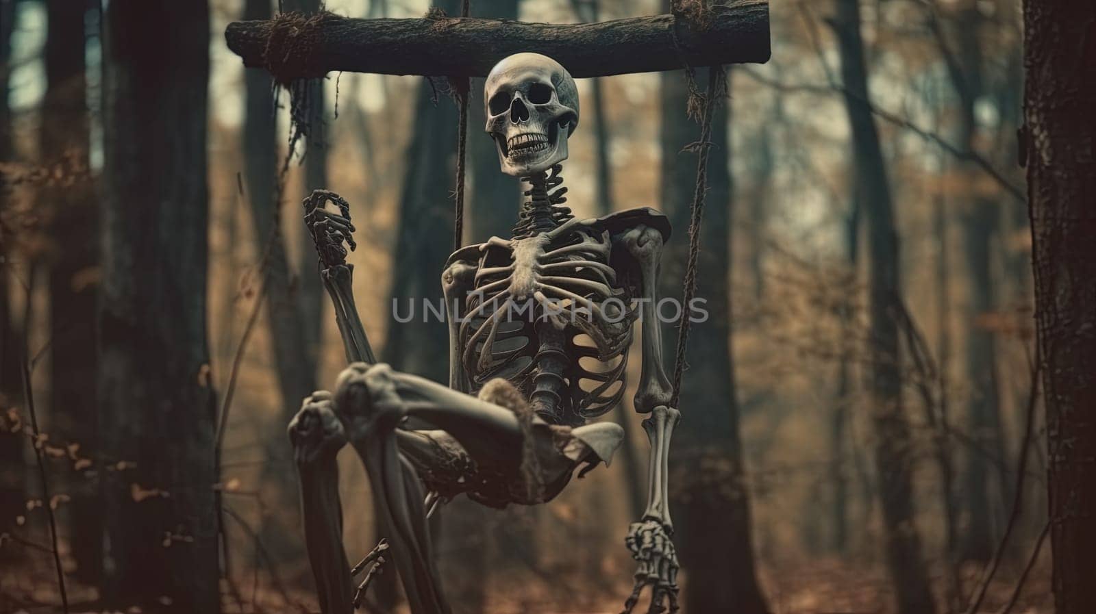 Halloween card with skeleton on a swing. Relaxing skeleton for party invitation on autumn holidays. Generated AI