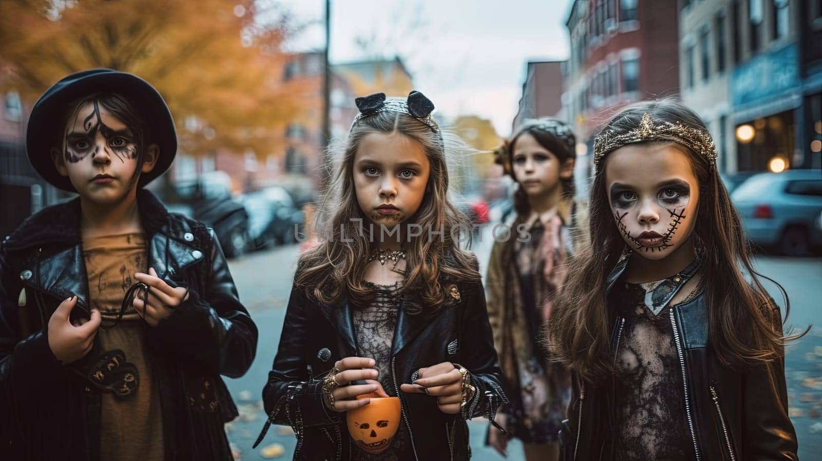 Little girl whith spooky Halloween makeup. Creepy and scary autumn holiday costume for Halloween celebration. Generative AI