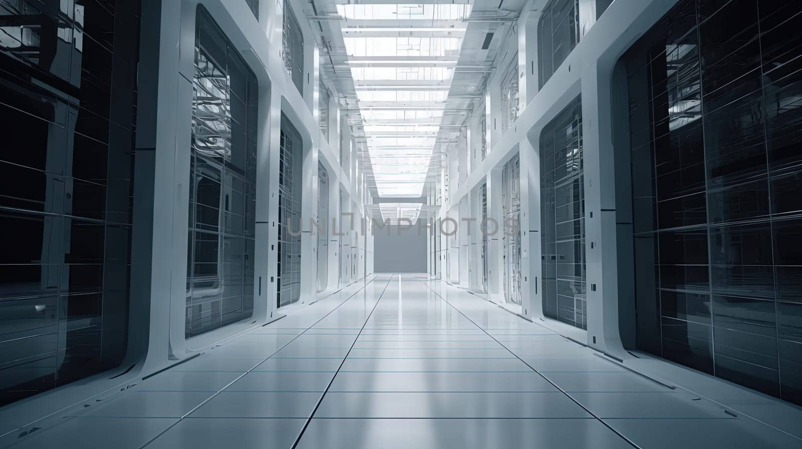 Interior of white industrial hangar or warehouse. Modern architecture industrial room. Generated AI