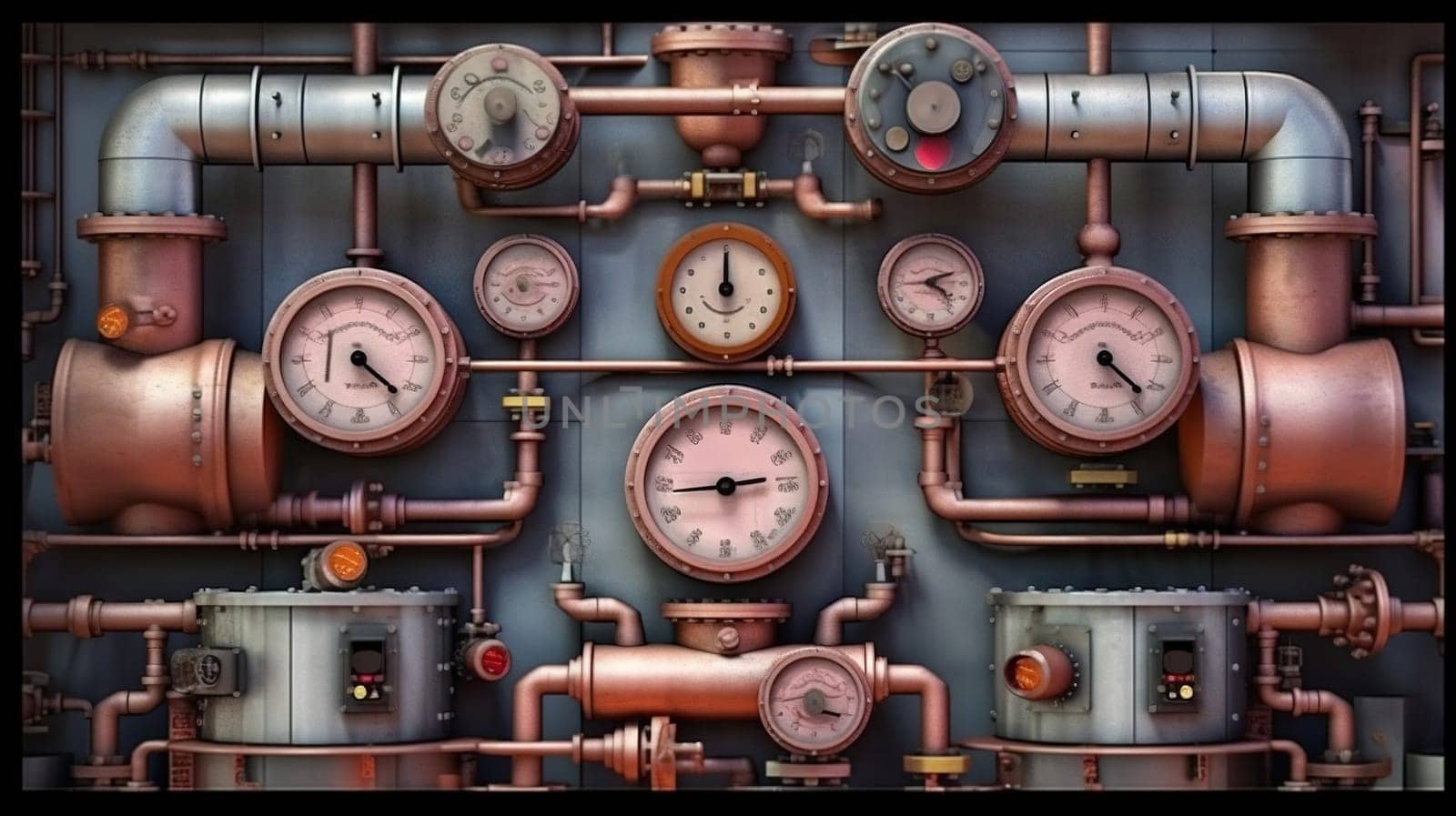 Industrial plant background with shiny pipes. Generated AI