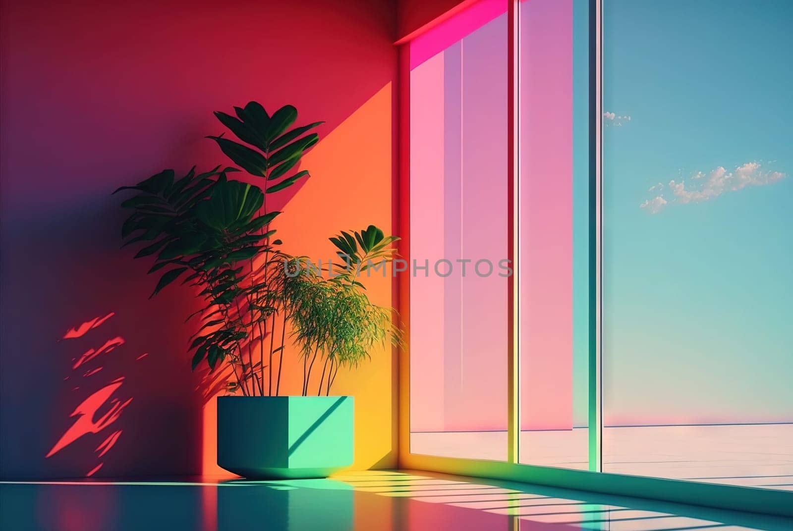 Abstract colorful interior with plants and minimalistic decorations. Vivid colored architectural background. Generated AI