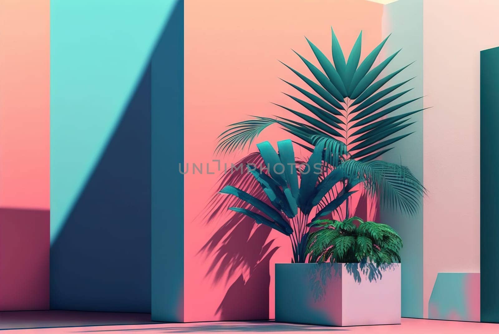 Abstract colorful interior with plants and minimalistic decorations. Vivid colored architectural background. Generated AI