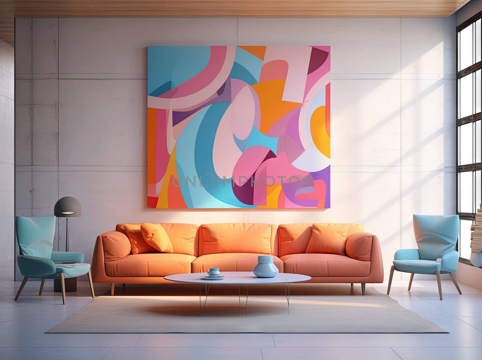 Colorful interior with sofa. Cozy room with comfortable couch and pillows. Generated AI