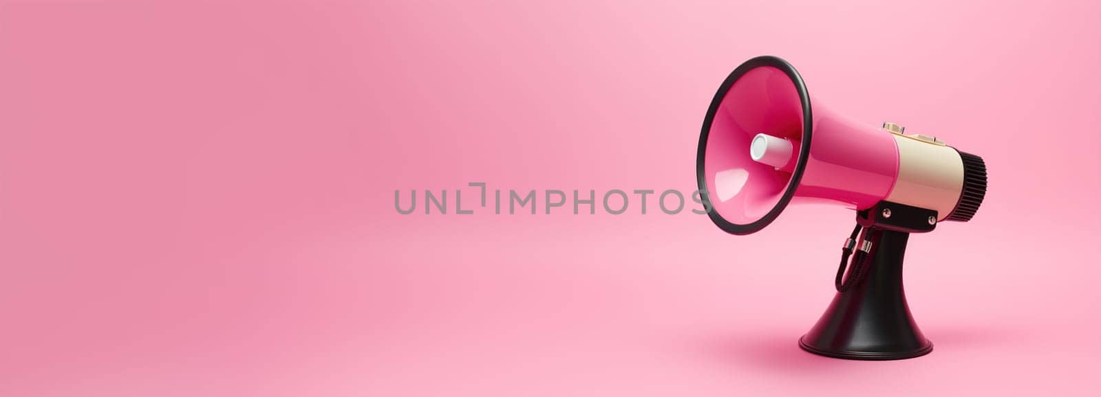 A chic pink and black megaphone on a matching background, providing ample copy space, perfect for engaging advertisements, announcements, or marketing materials. Panoramic banner. Generative AI. by creativebird