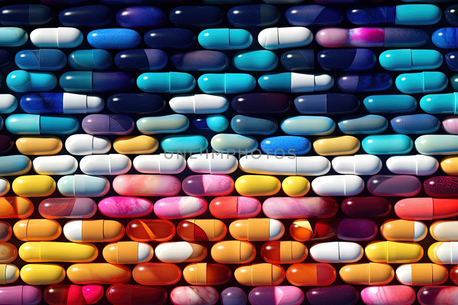 Background with pills and capsules ordered in rows or pattern. Medical drug or dietary supplement concept. Generated AI
