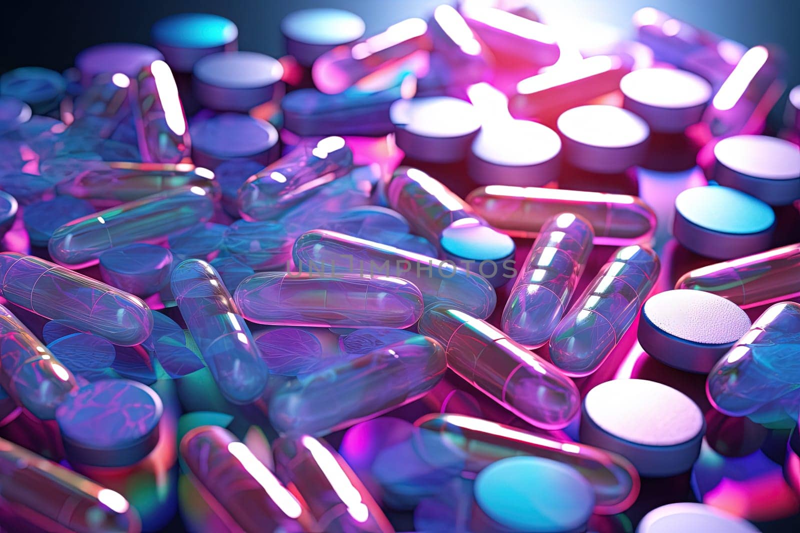 Background with pills and capsules in neon blue and purple colors. Medical drug or dietary supplement concept. Generated AI