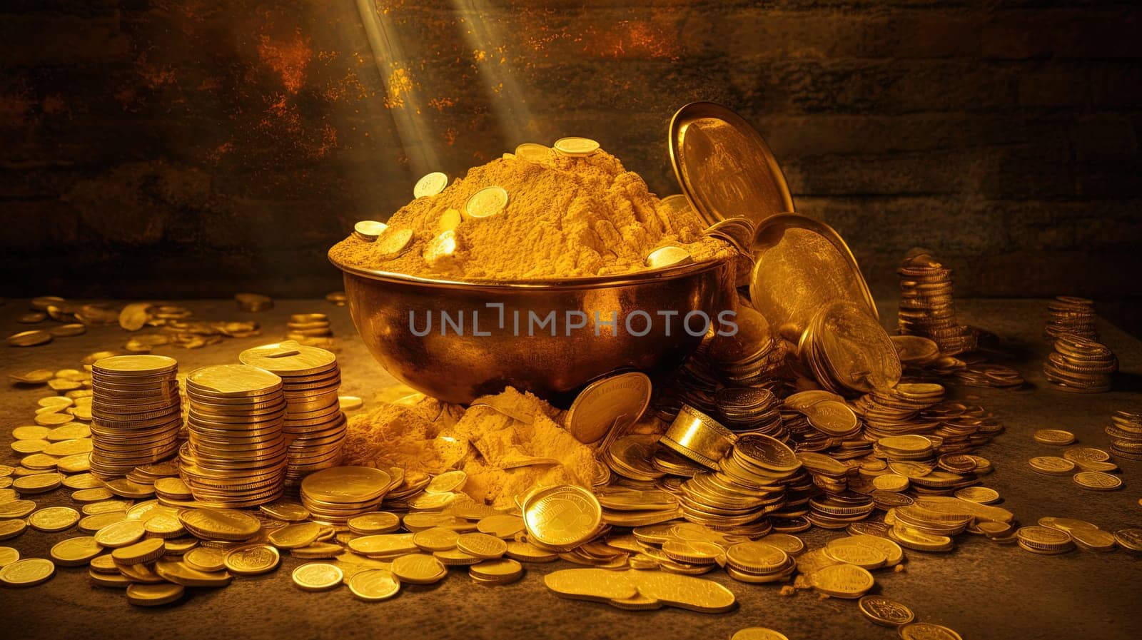 Money concept background with stacks of golden coins. Finance abstract with yellow coins. Generated AI