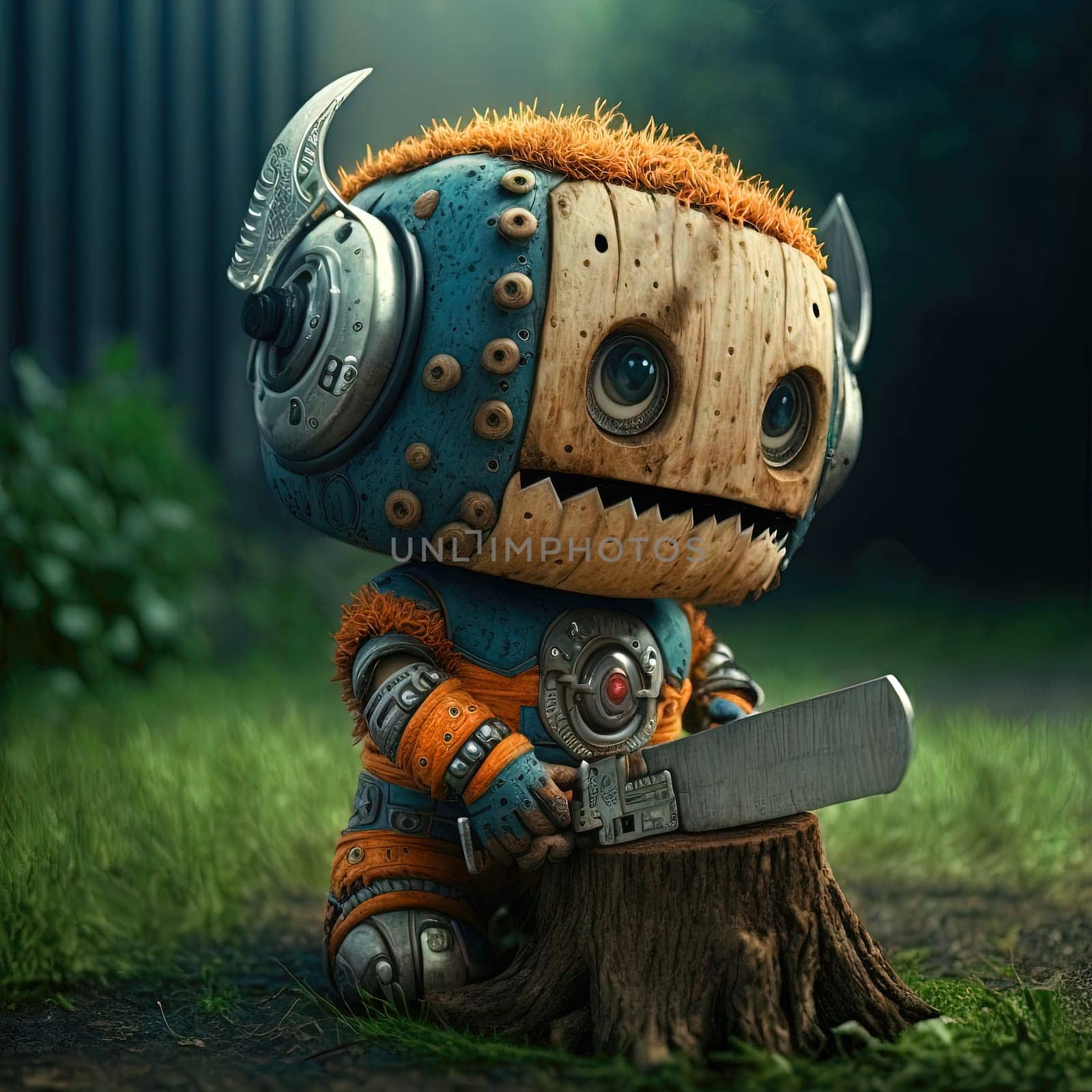 Funny and spooky figure of monster with a chainsaw. Crazy lumberjack mascot. Generative AI. by SwillKch