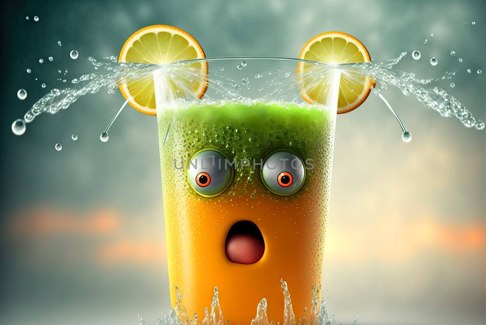 Funny monster juice. Cute glass of juice character with splashing fresh beverage. Generated AI