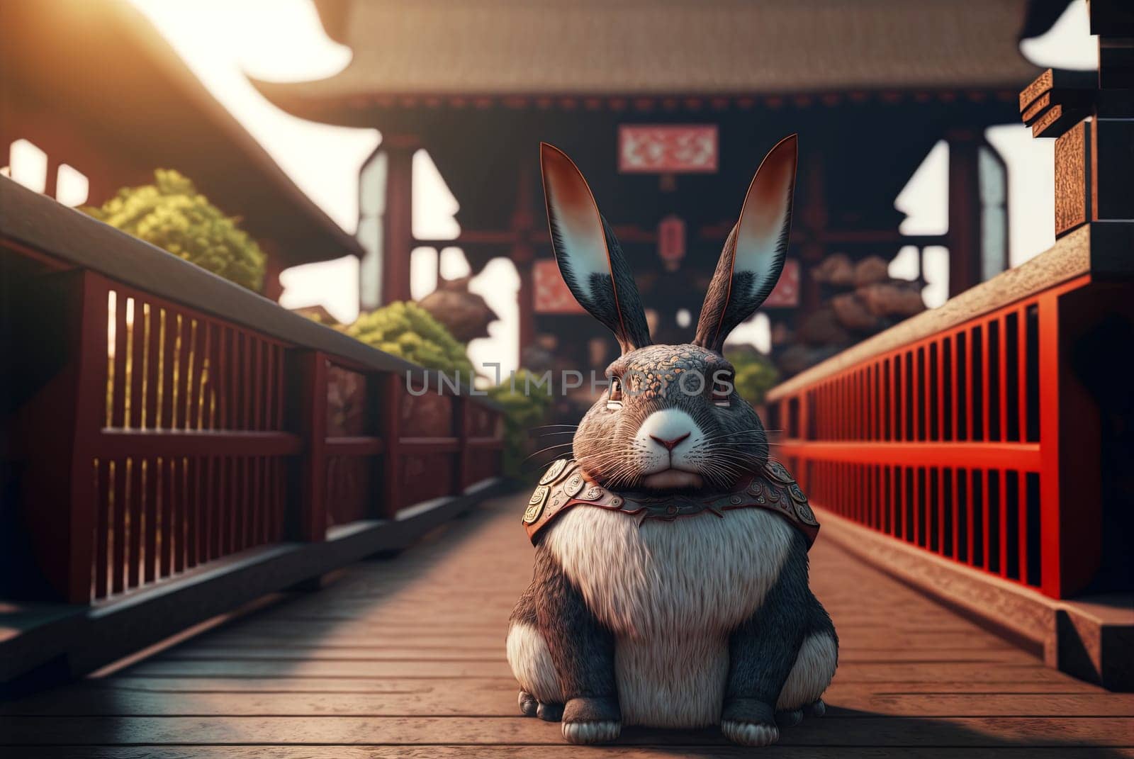 Rabbit samurai in traditional temple. Japanese temple with hare warrior in armor. Generated AI