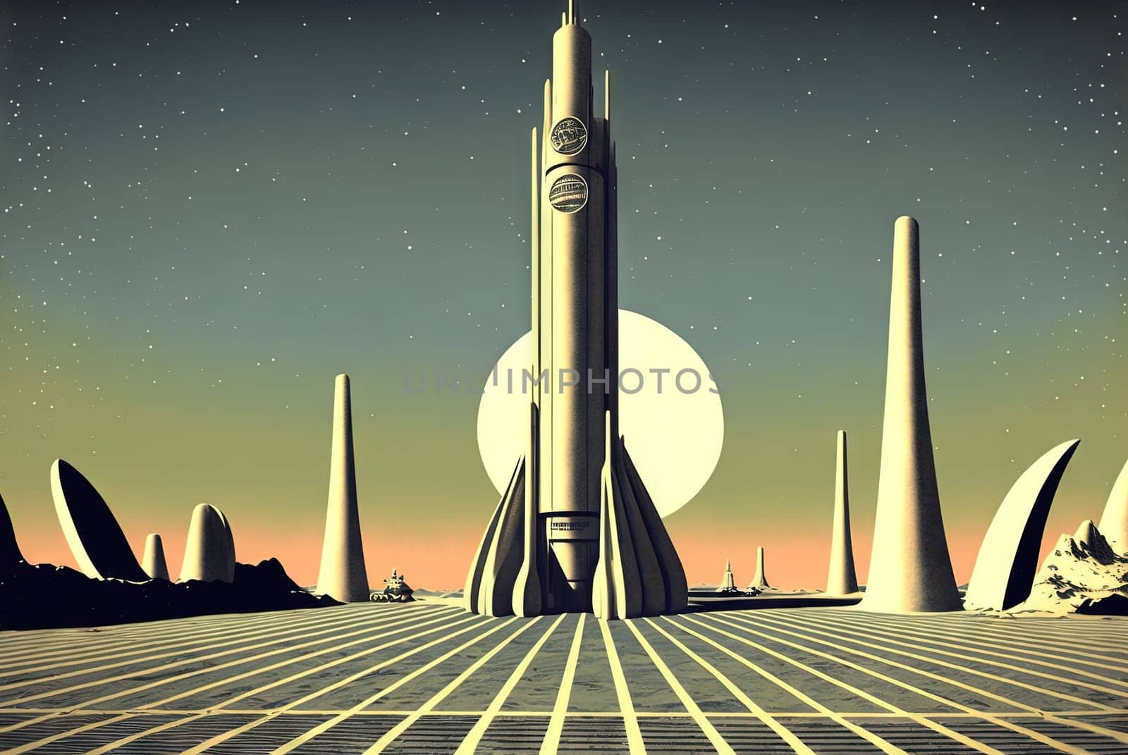 Retrofuturistic landscape in 80s sci-fi style. Retro science fiction scene with futuristic buildings. Generated AI