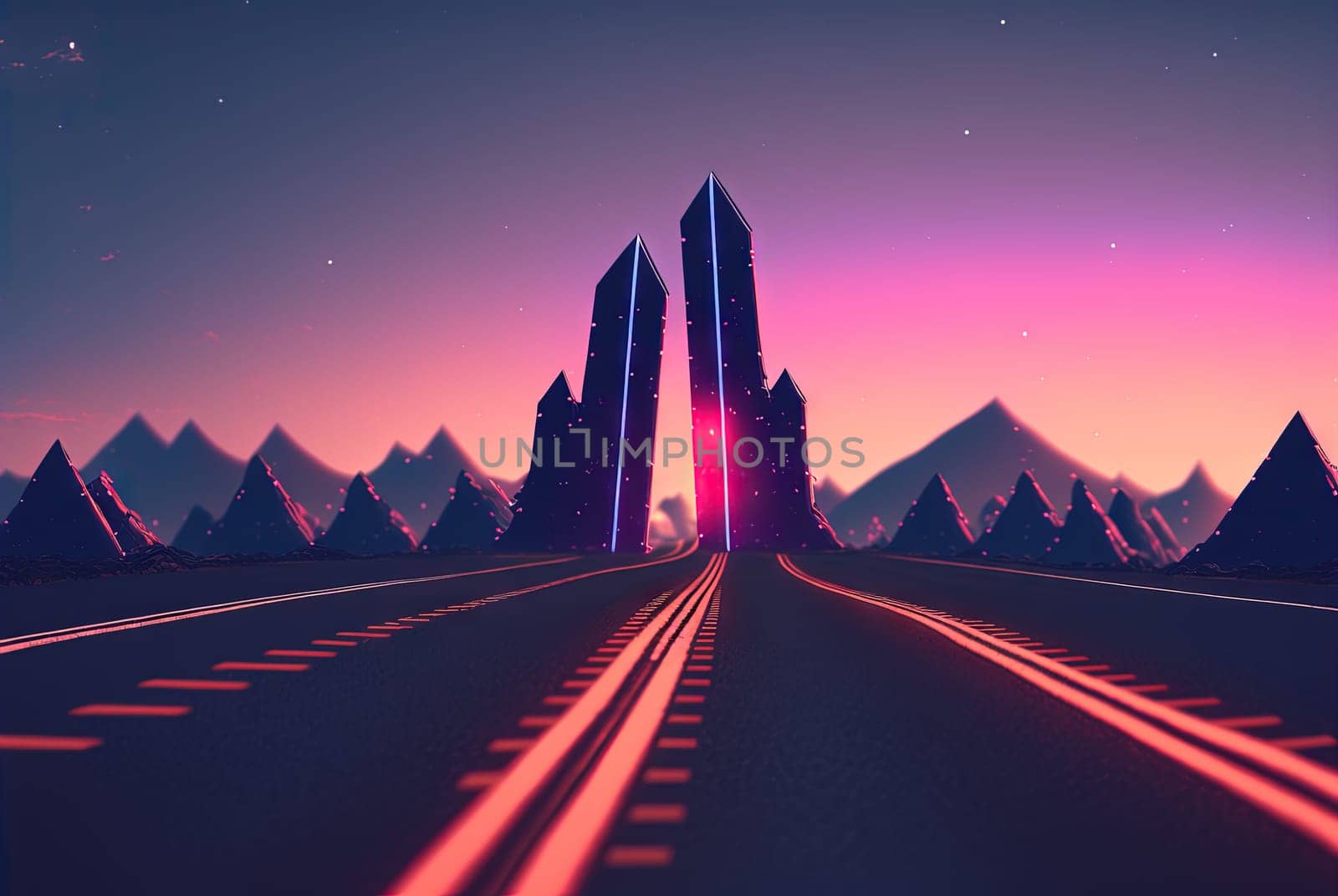Road to the horizon concept with synthwave colors. Abstract background with surreal night way in 80s style. Generated AI