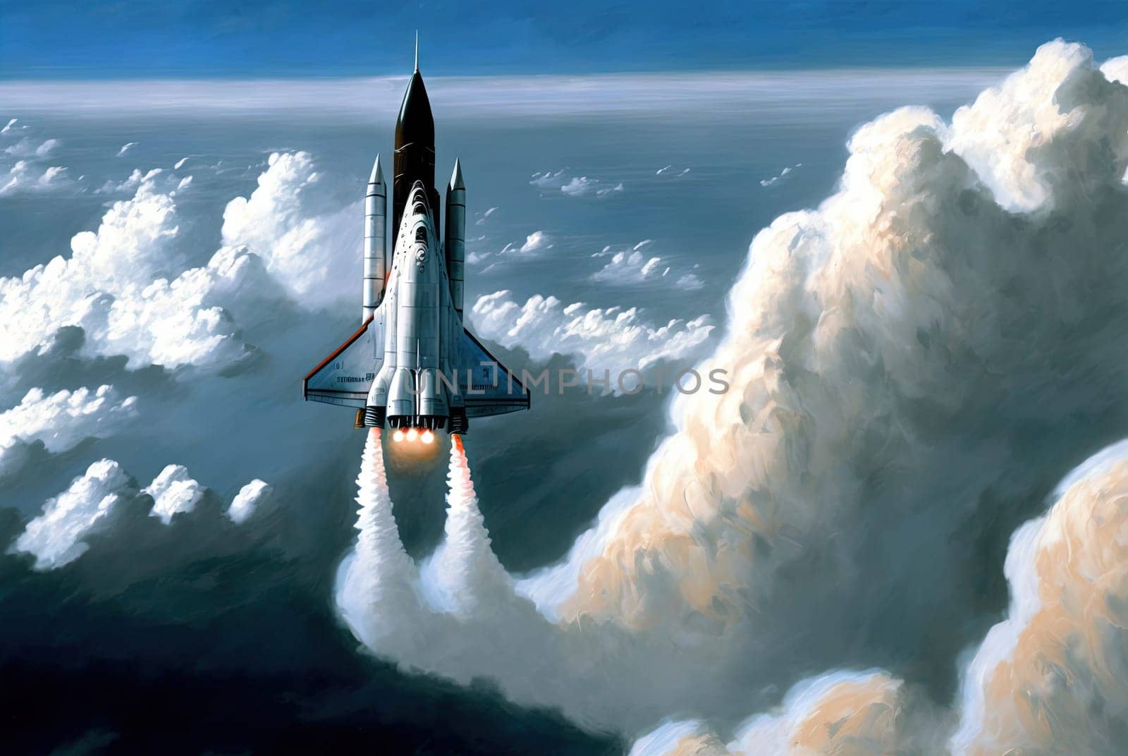 Rocket launch in the clouds and flames. Space ship taking off, starting the flight. Generative AI